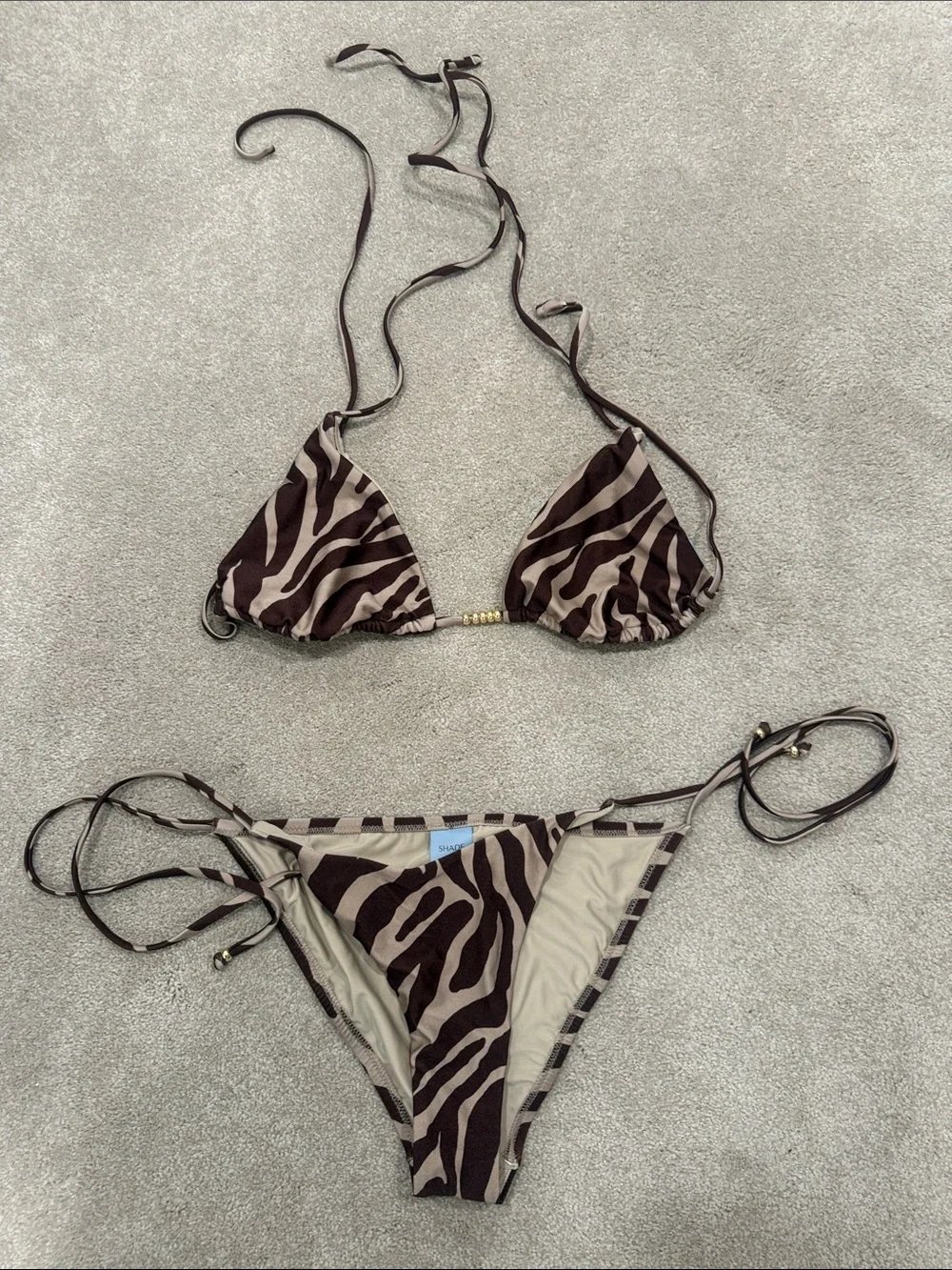 Triangle Zebra-Print Bikini Set in Brown and Cream